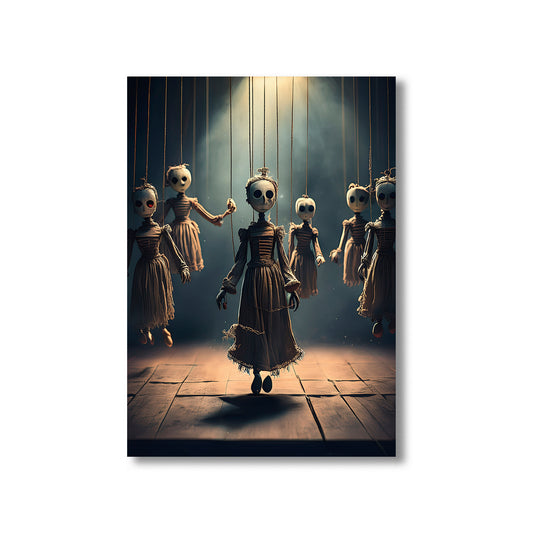 Possessed puppets with glowing eyes hanging on a dusty stage – gothic Halloween art