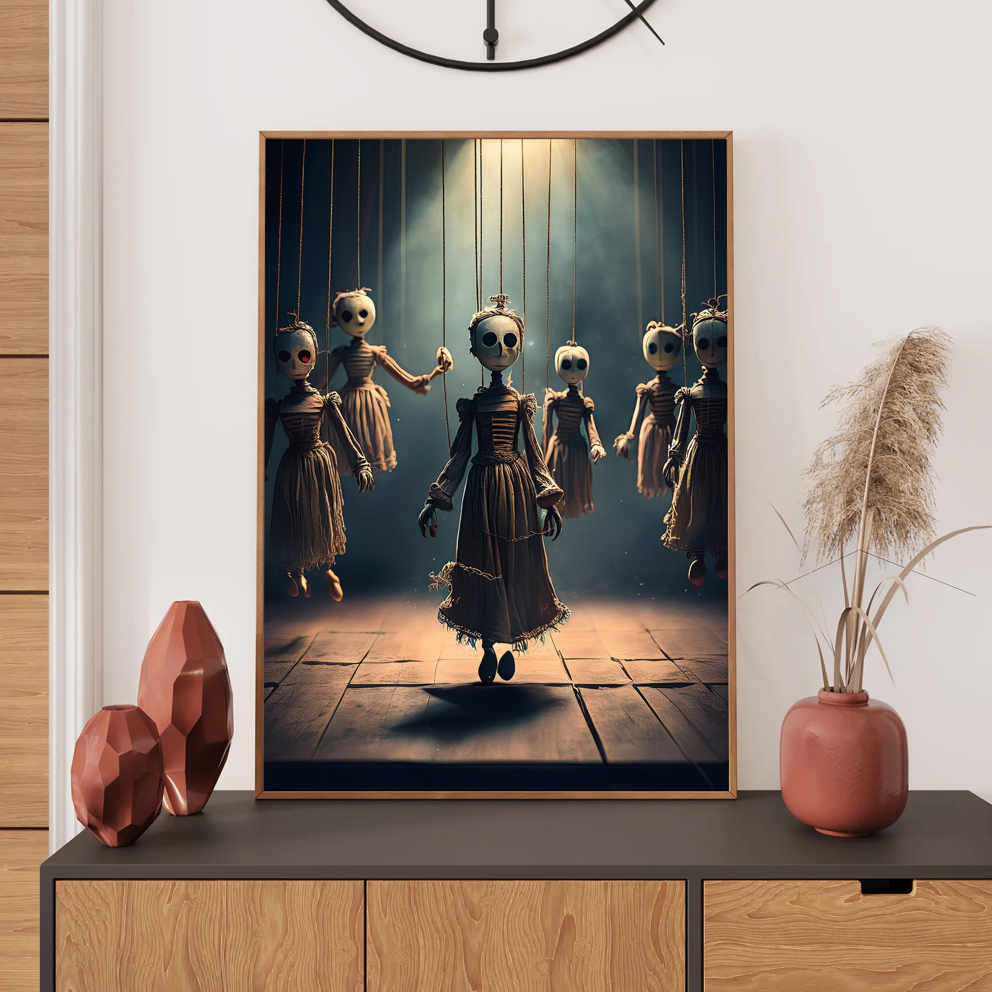Possessed puppets with glowing eyes hanging on a dusty stage – gothic Halloween art