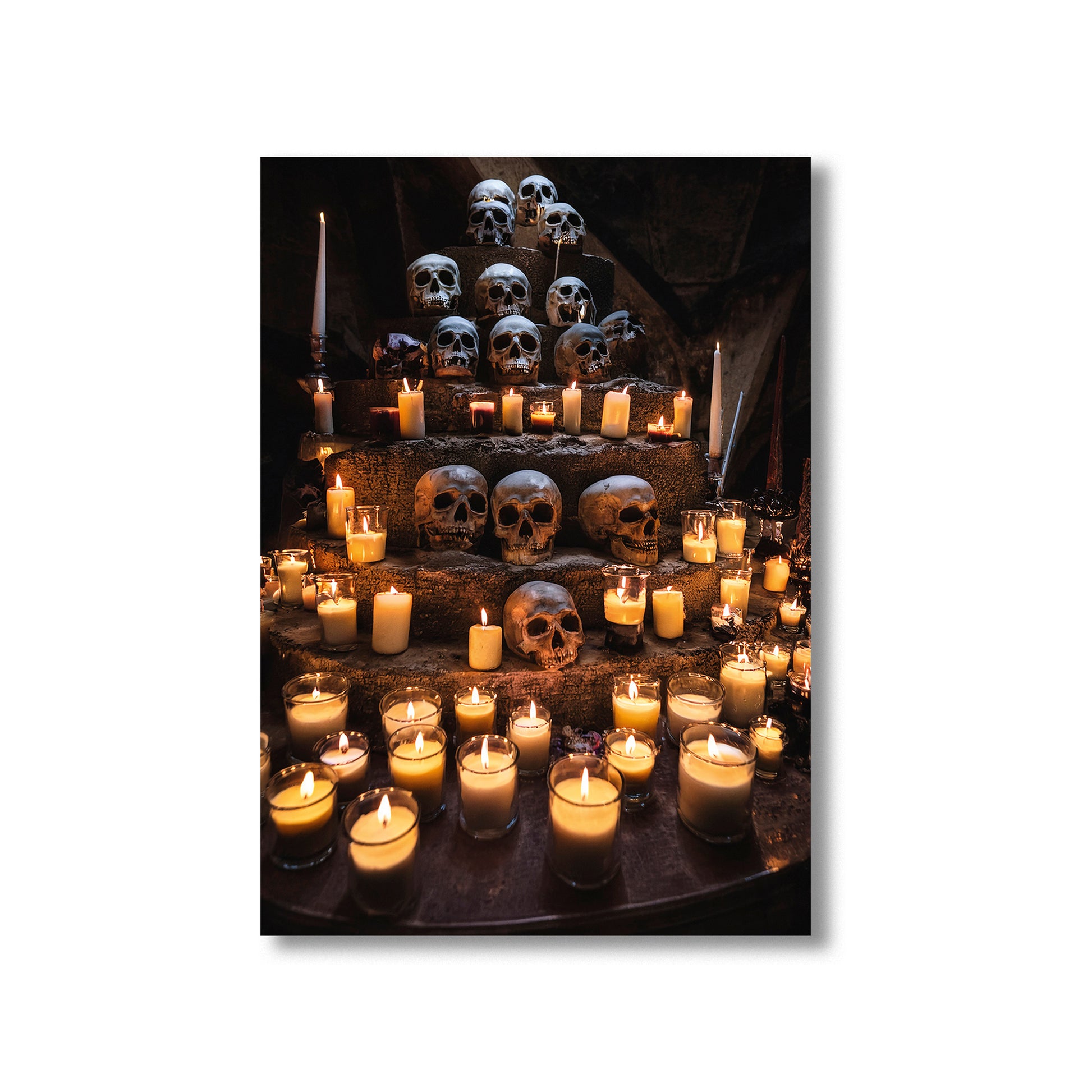 Altar made of skulls glowing with dozens of candles – gothic spooky Halloween art