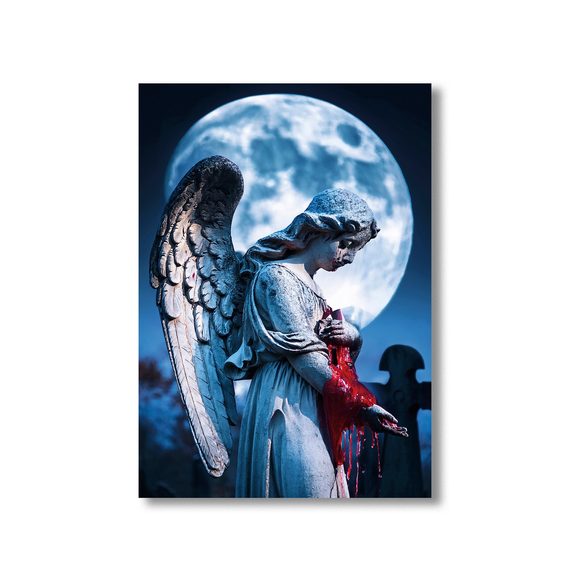 broken angel statue weeping blood in a foggy graveyard – gothic Halloween art