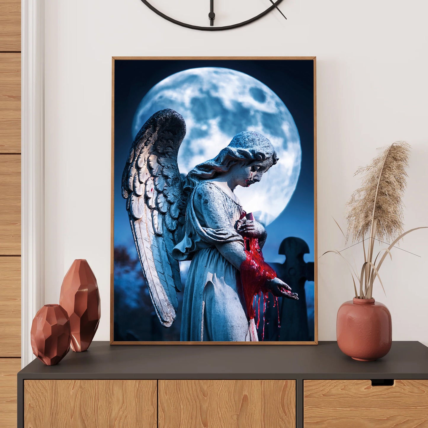broken angel statue weeping blood in a foggy graveyard – gothic Halloween art