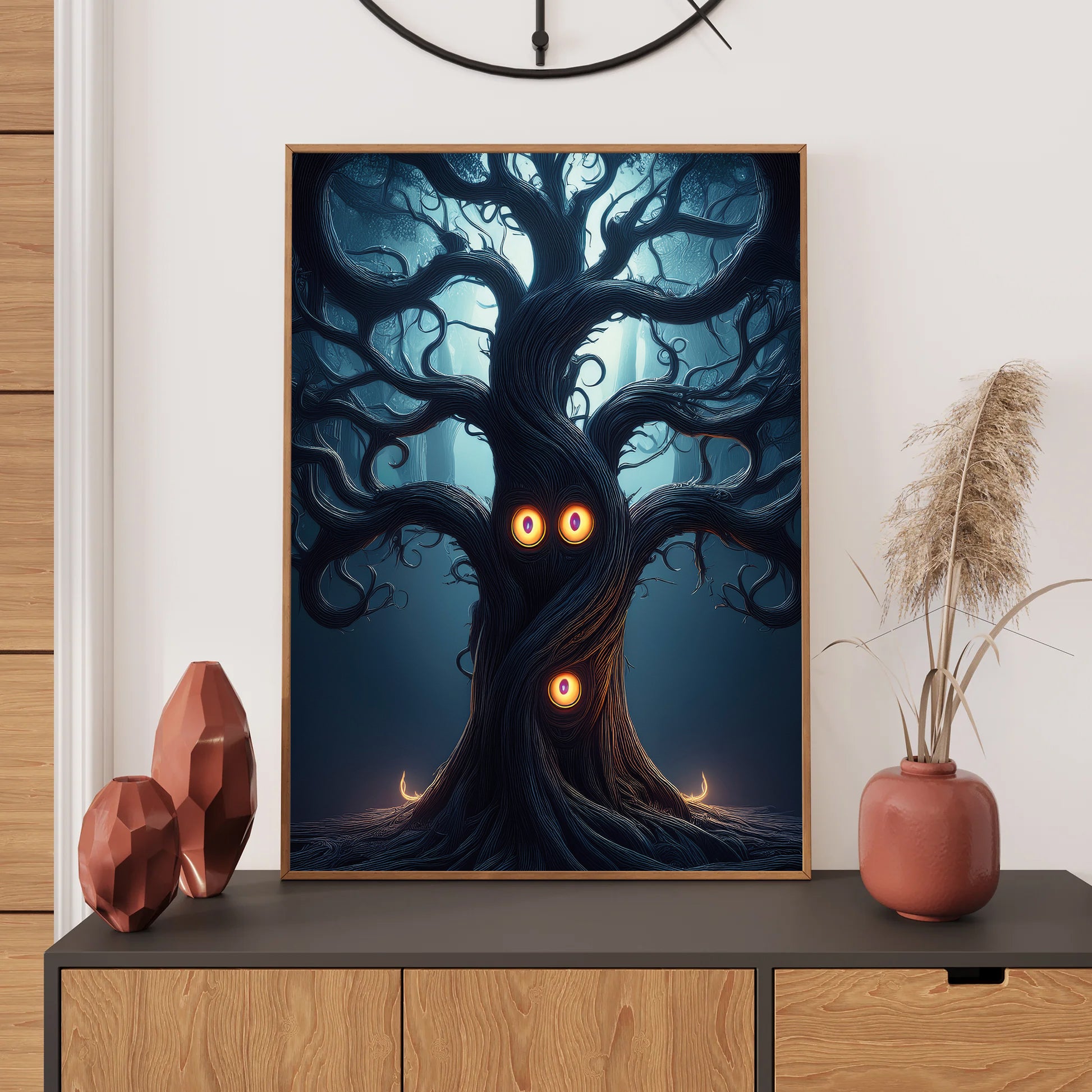 Cartoon gothic forest with twisted trees and glowing eyes peeking from the darkness – spooky Halloween artwork