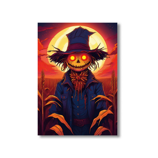 Cartoon creepy scarecrow with glowing eyes in a haunted cornfield under a blood-red sky – gothic Halloween illustration