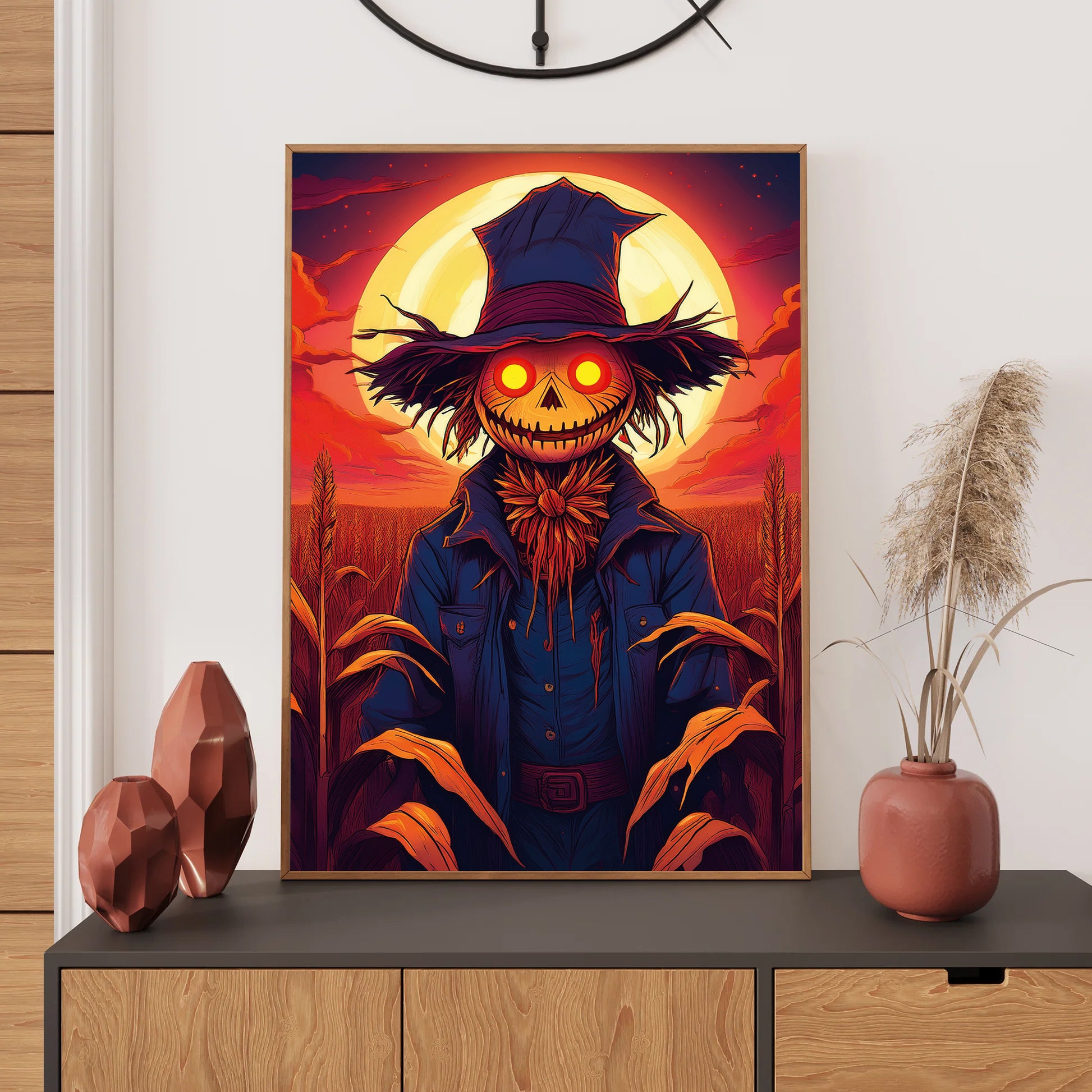 Cartoon creepy scarecrow with glowing eyes in a haunted cornfield under a blood-red sky – gothic Halloween illustration