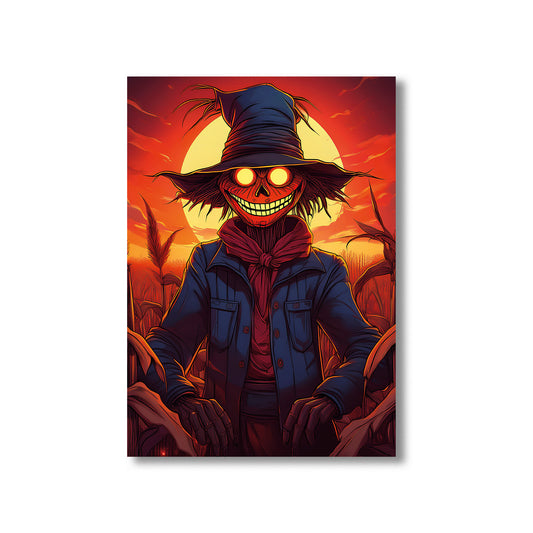 Cartoon creepy scarecrow with glowing eyes in a haunted cornfield under a blood-red sky – gothic Halloween illustration