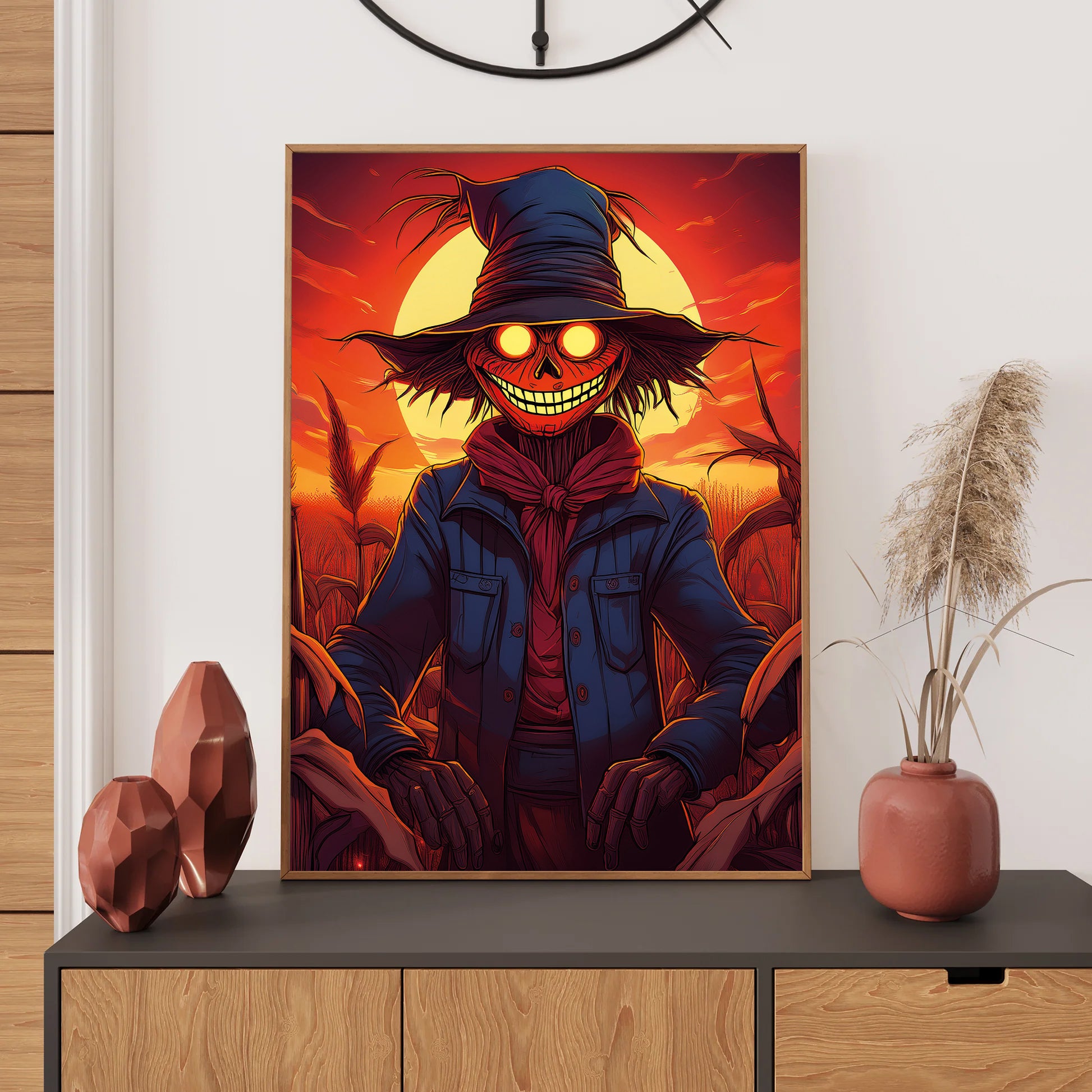 Cartoon creepy scarecrow with glowing eyes in a haunted cornfield under a blood-red sky – gothic Halloween illustration