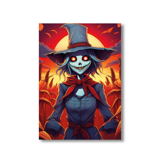 Cartoon creepy scarecrow with glowing eyes in a haunted cornfield under a blood-red sky – gothic Halloween illustration