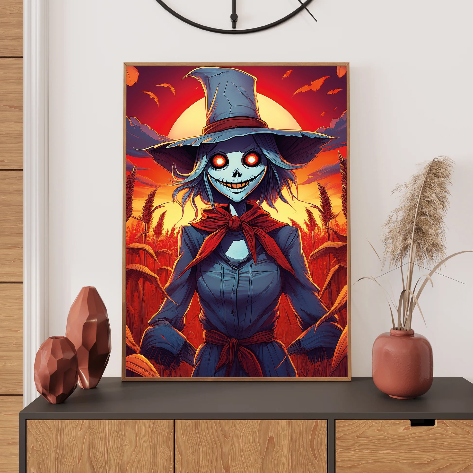 Cartoon creepy scarecrow with glowing eyes in a haunted cornfield under a blood-red sky – gothic Halloween illustration