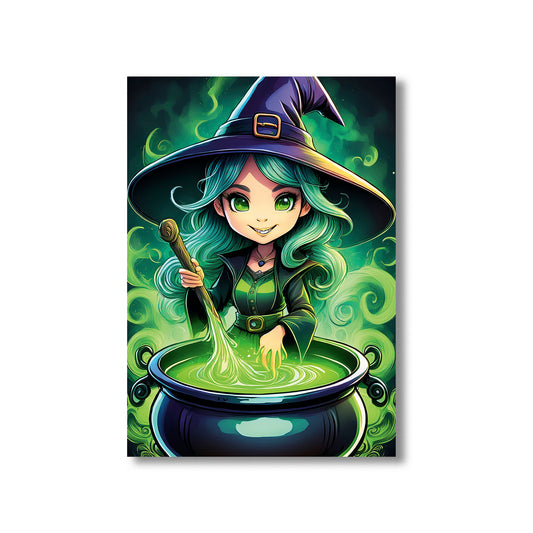 Cartoon gothic witch stirring a bubbling cauldron with glowing green smoke rising into the night – spooky Halloween artwork