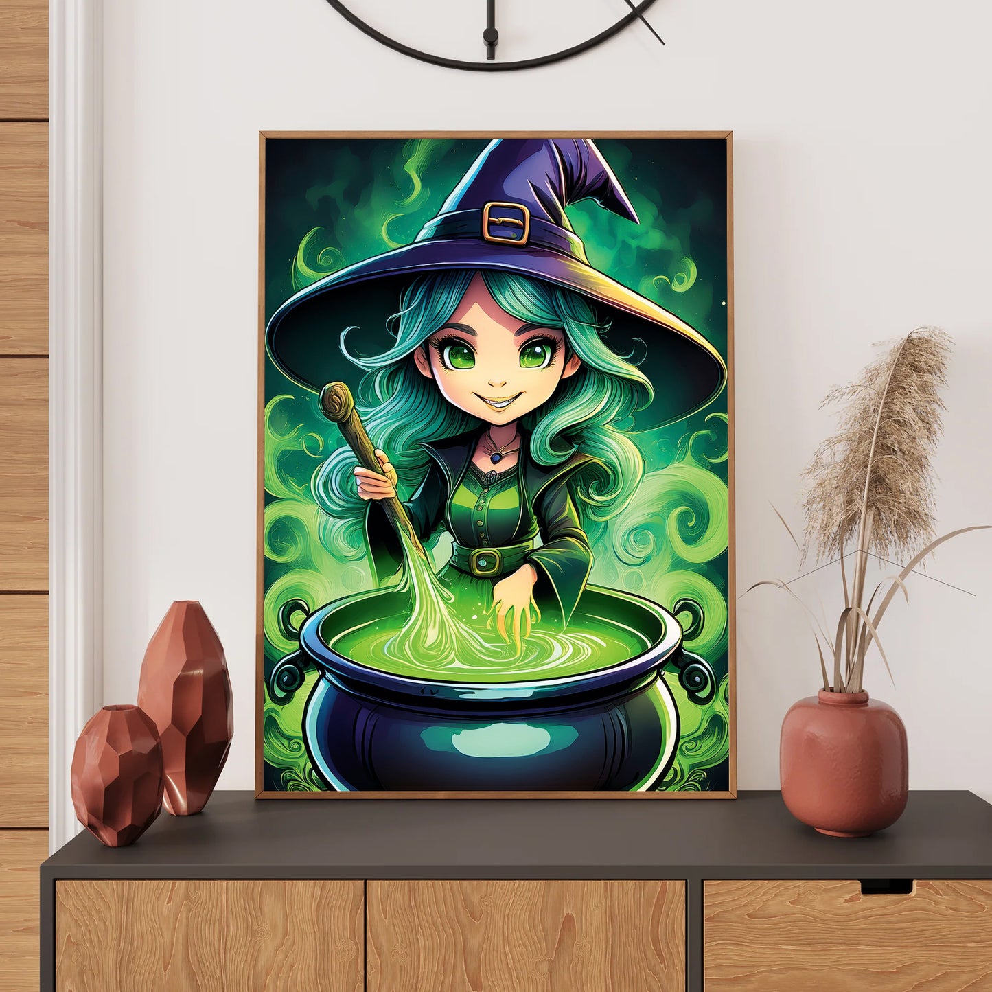 Cartoon gothic witch stirring a bubbling cauldron with glowing green smoke rising into the night – spooky Halloween artwork