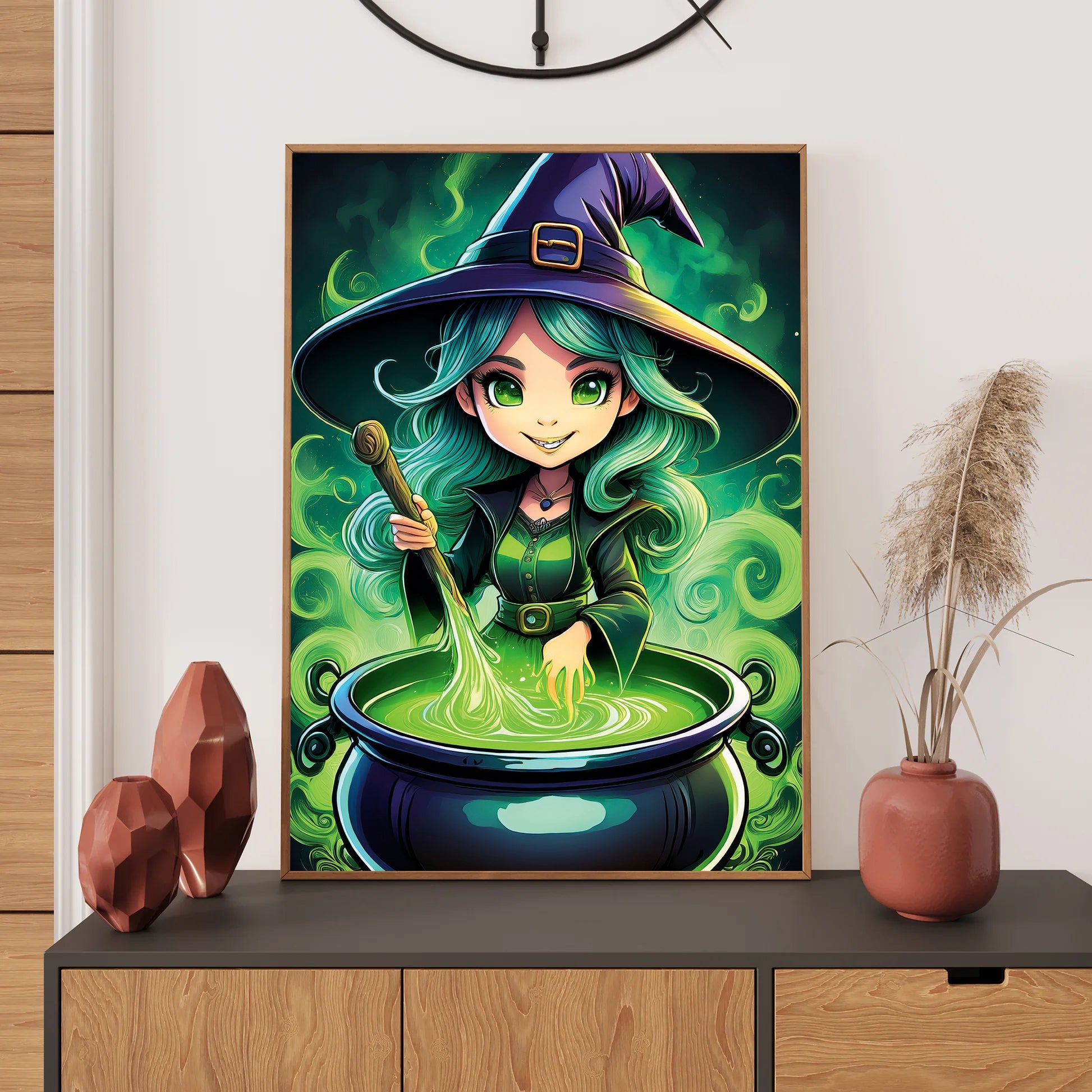 Cartoon gothic witch stirring a bubbling cauldron with glowing green smoke rising into the night – spooky Halloween artwork