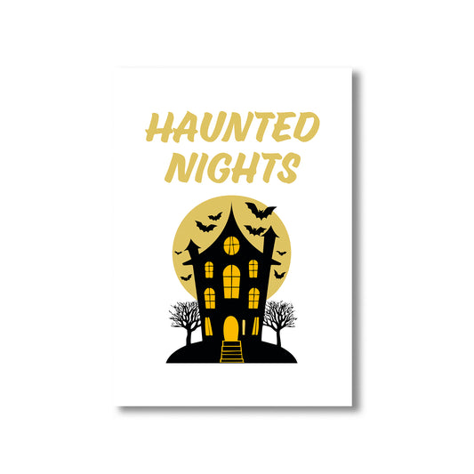 Halloween-themed poster with 'Haunted Nights' text and a haunted house illustration on a white background.