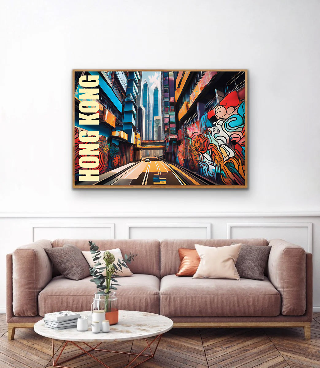 Vibrant digital graffiti-style wall art print of Hong Kong featuring neon-lit skyscrapers, traditional junk boats, and dynamic urban street scenes — ideal for instant digital download, Hong Kong-inspired home decor, modern cityscape artwork, and Asia travel wall art.