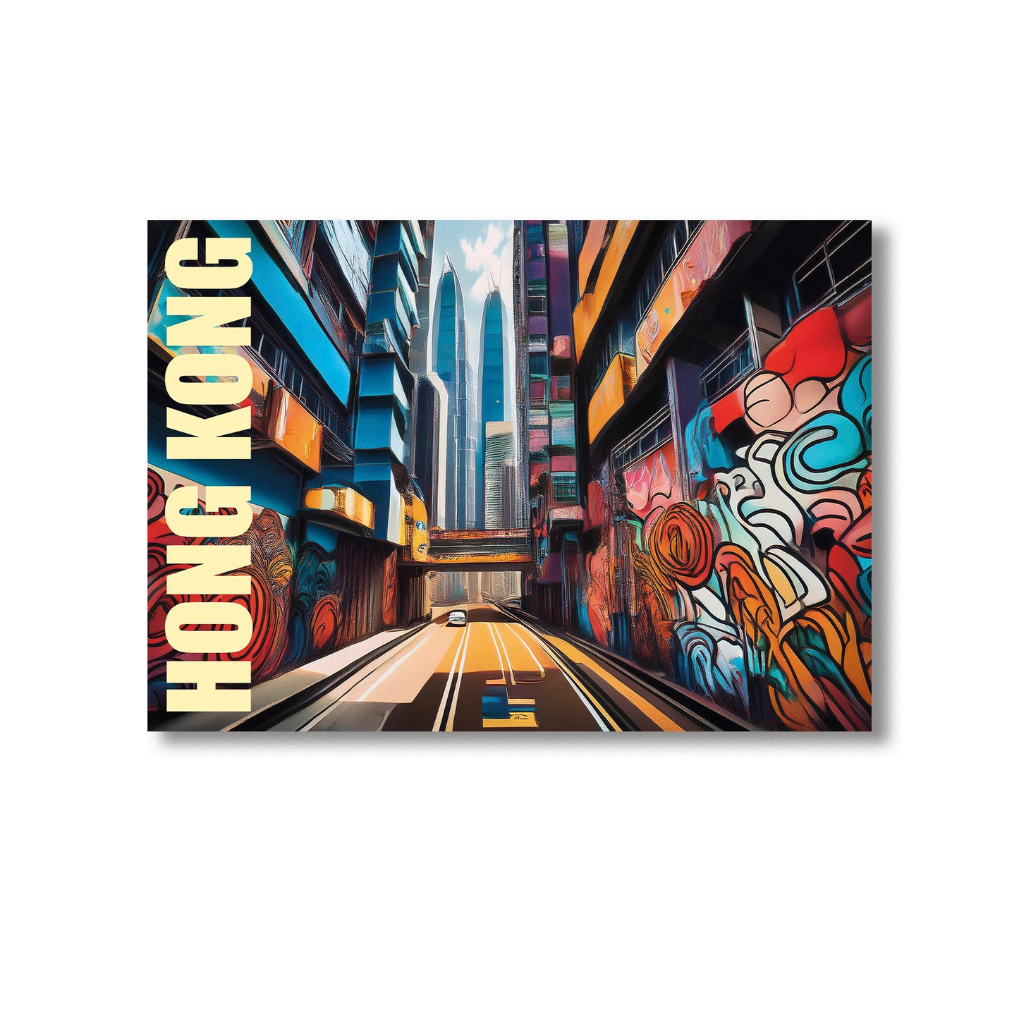 Vibrant digital graffiti-style wall art print of Hong Kong featuring neon-lit skyscrapers, traditional junk boats, and dynamic urban street scenes — ideal for instant digital download, Hong Kong-inspired home decor, modern cityscape artwork, and Asia travel wall art.