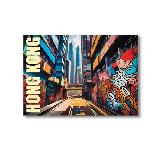 Vibrant digital graffiti-style wall art print of Hong Kong featuring neon-lit skyscrapers, traditional junk boats, and dynamic urban street scenes — ideal for instant digital download, Hong Kong-inspired home decor, modern cityscape artwork, and Asia travel wall art.
