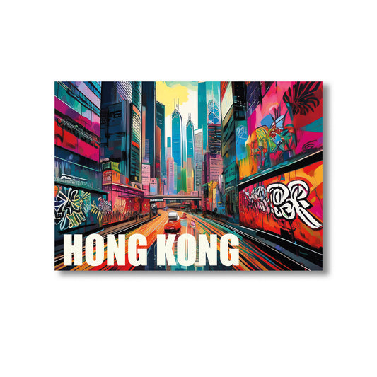 Vibrant digital graffiti-style wall art print of Hong Kong featuring neon-lit skyscrapers, traditional junk boats, and dynamic urban street scenes — ideal for instant digital download, Hong Kong-inspired home decor, modern cityscape artwork, and Asia travel wall art.