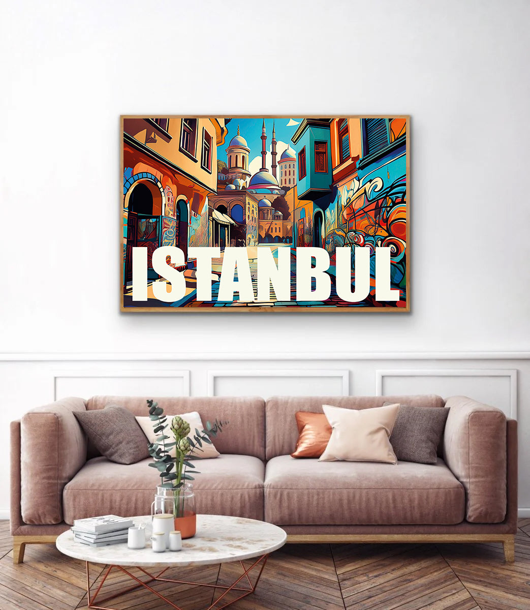 Colourful digital graffiti-style wall art print of Istanbul featuring the Hagia Sophia, domed mosques, Bosphorus skyline, and vibrant street art details — perfect for instant digital download, Istanbul-themed home decor, modern travel prints, and Middle Eastern-European fusion artwork.
