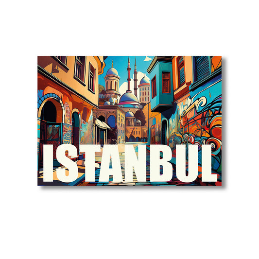Colourful digital graffiti-style wall art print of Istanbul featuring the Hagia Sophia, domed mosques, Bosphorus skyline, and vibrant street art details — perfect for instant digital download, Istanbul-themed home decor, modern travel prints, and Middle Eastern-European fusion artwork.