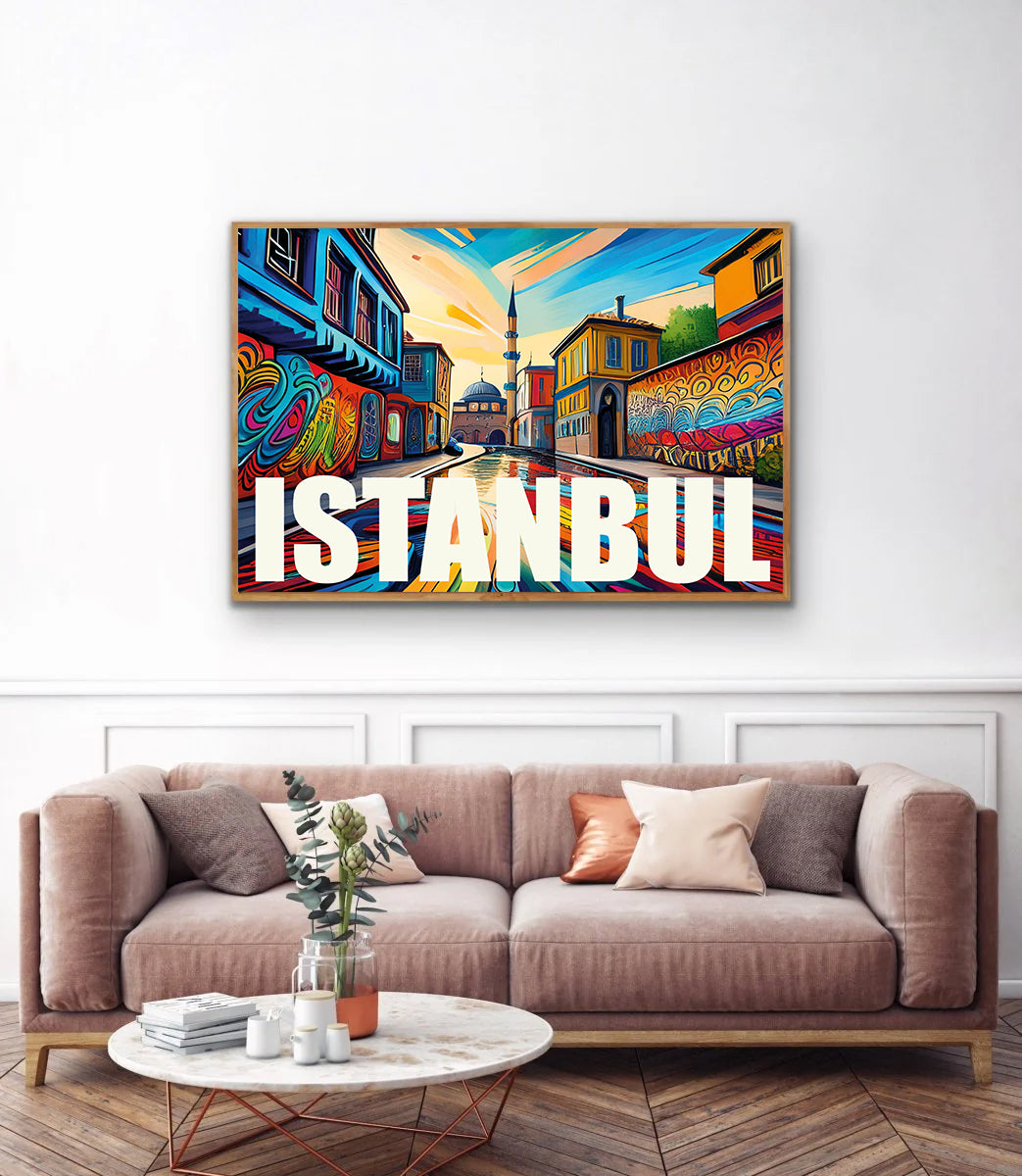 Colourful digital graffiti-style wall art print of Istanbul featuring the Hagia Sophia, domed mosques, Bosphorus skyline, and vibrant street art details — perfect for instant digital download, Istanbul-themed home decor, modern travel prints, and Middle Eastern-European fusion artwork.