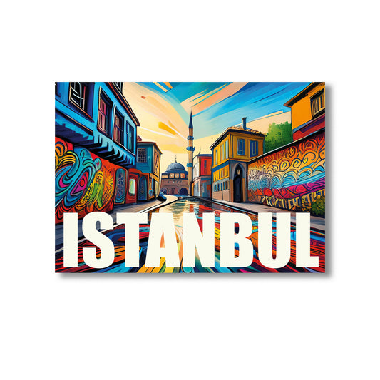 Colourful digital graffiti-style wall art print of Istanbul featuring the Hagia Sophia, domed mosques, Bosphorus skyline, and vibrant street art details — perfect for instant digital download, Istanbul-themed home decor, modern travel prints, and Middle Eastern-European fusion artwork.
