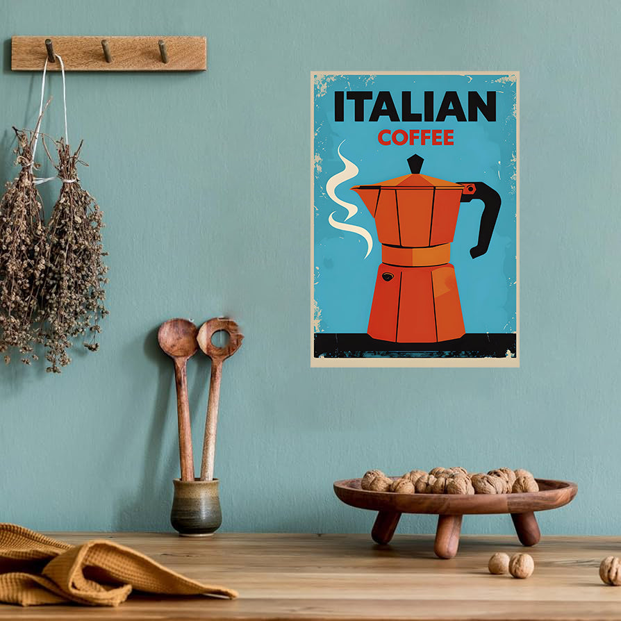 Italian Moka pot coffee wall art print featuring a classic stovetop coffee maker brewing rich espresso, perfect for kitchen and coffee bar decor digital download
