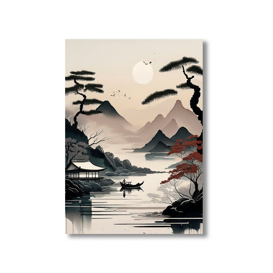 Traditional Japanese landscape with mountains, lake, and boat on a white background
