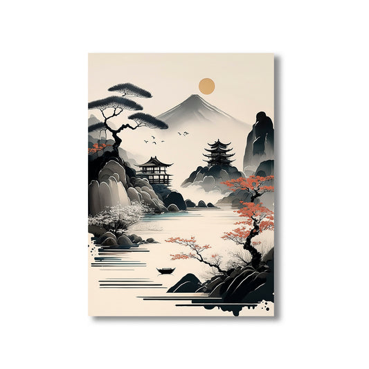 Japanese-style landscape painting with mountains, trees, and a temple.