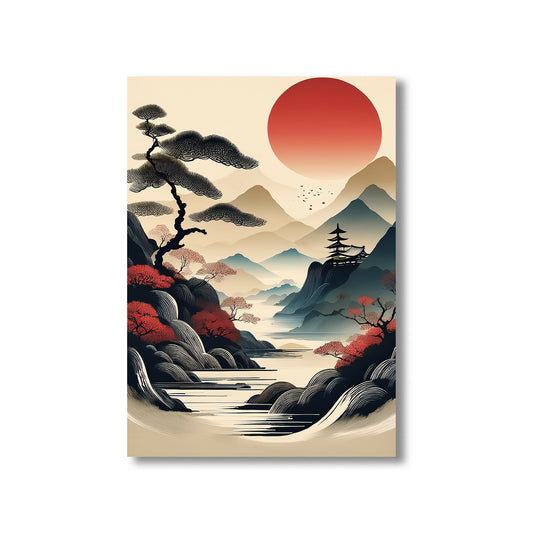 Traditional Japanese landscape with mountain, tree, and red sun on a beige background