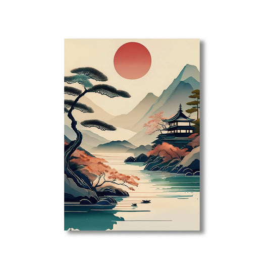 Japanese-style landscape with a temple, tree, and mountain under a red sun.