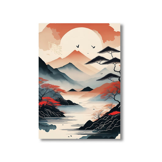 Surreal landscape with mountains, trees, and a large moon on a beige background