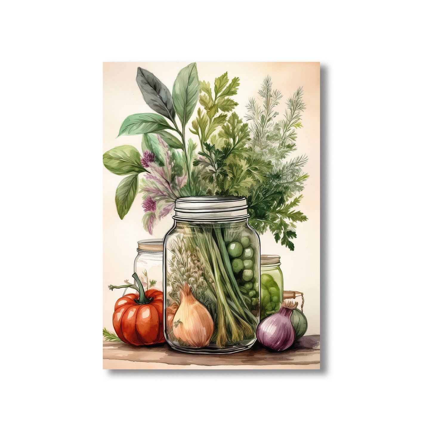 Rustic watercolor vegetables and herbs printable farmhouse kitchen wall art