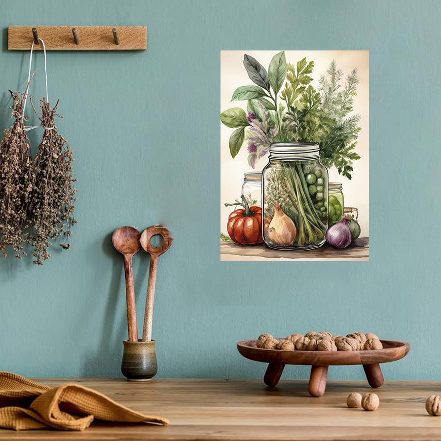 Rustic watercolor vegetables and herbs printable farmhouse kitchen wall art