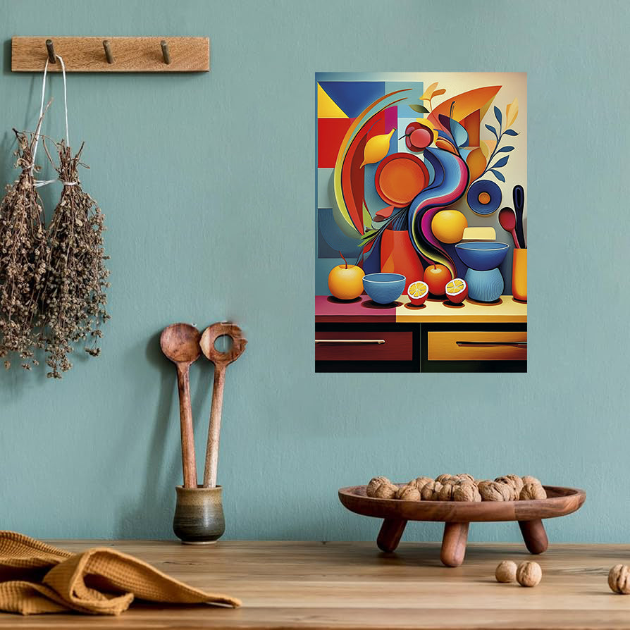 Abstract colorful fruit shapes geometric kitchen wall art printable