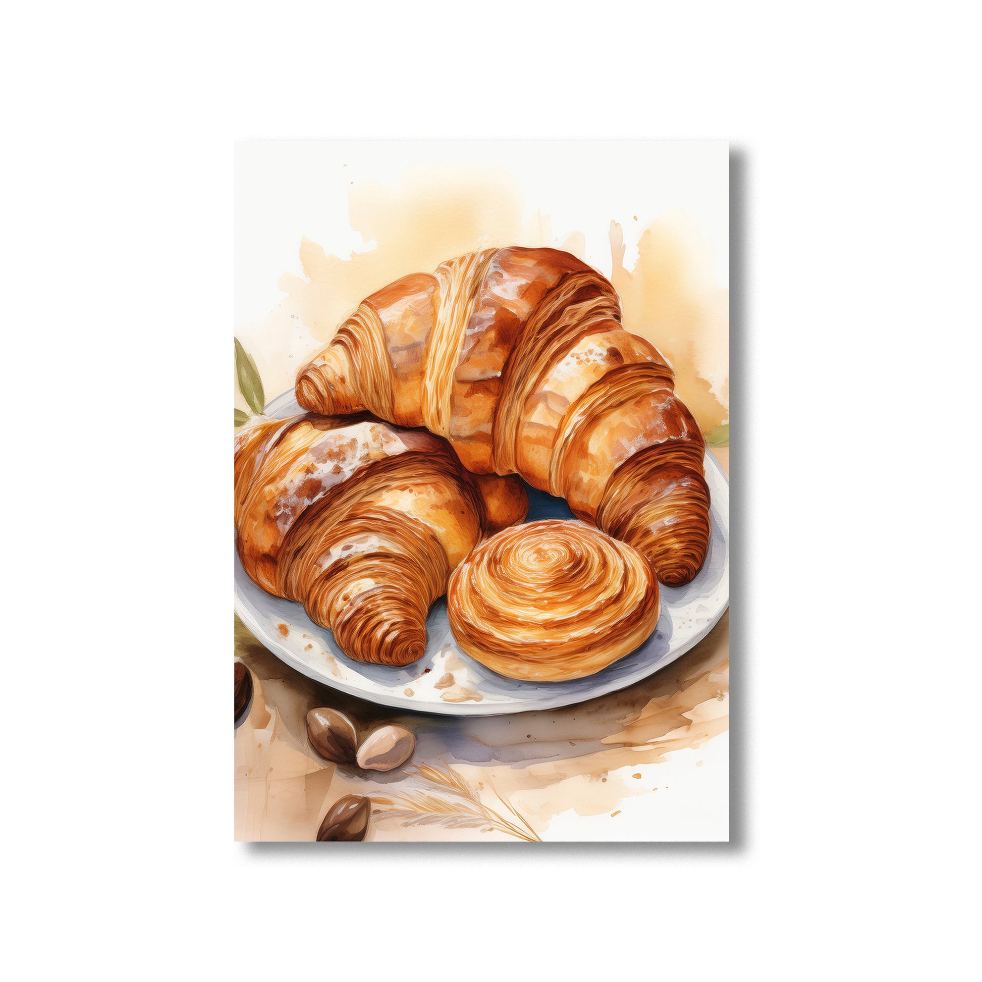 Watercolor illustration of French pastries and bread for kitchen wall decor
