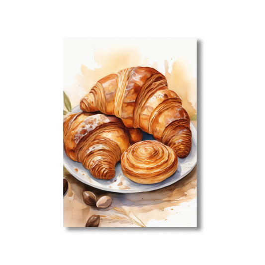 Watercolor illustration of French pastries and bread for kitchen wall decor