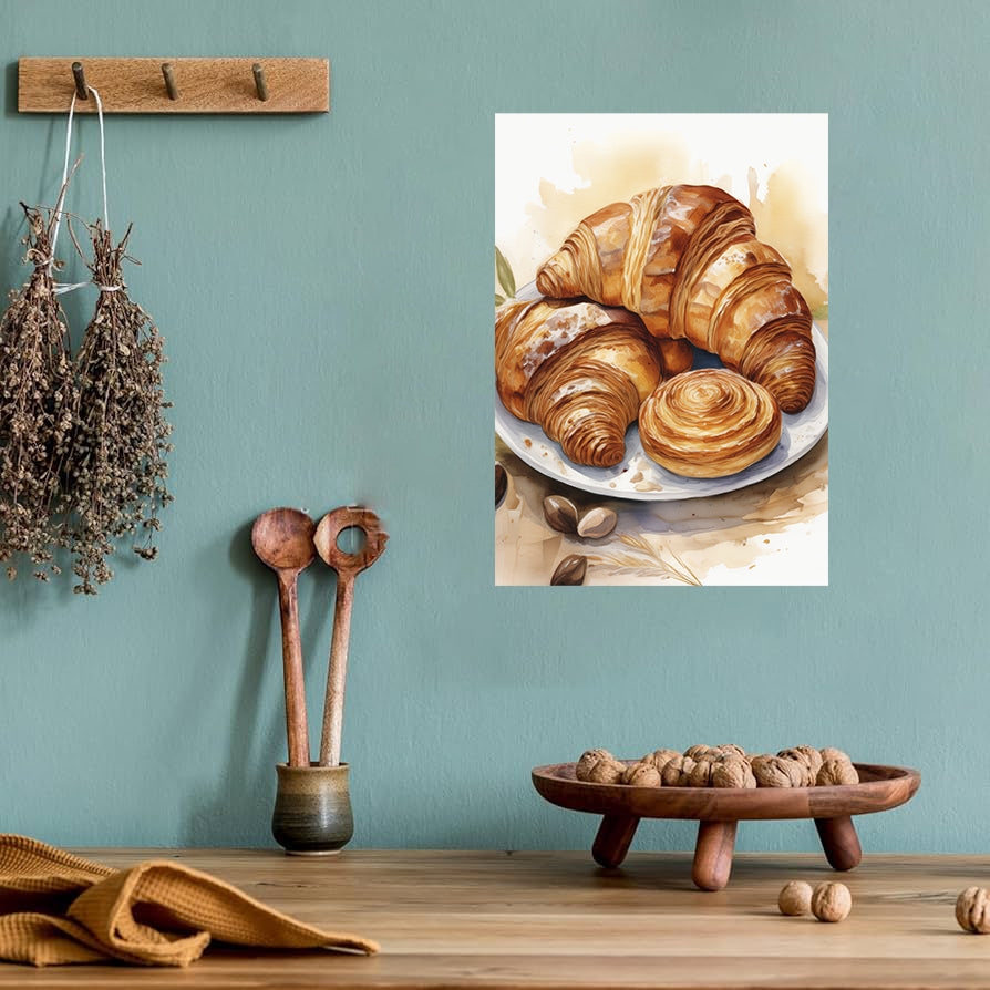 Watercolor illustration of French pastries and bread for kitchen wall decor