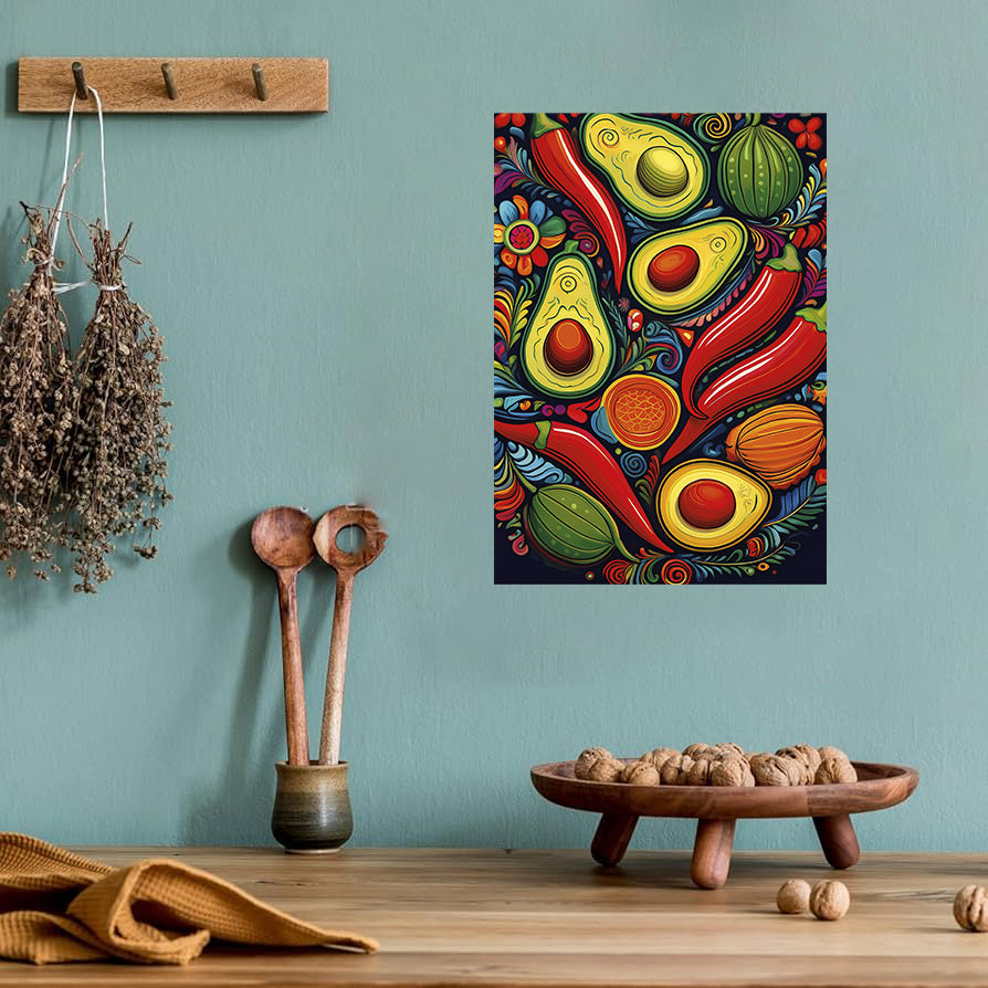 Colorful Mexican folk art style kitchen wall print with chili peppers and avocados
