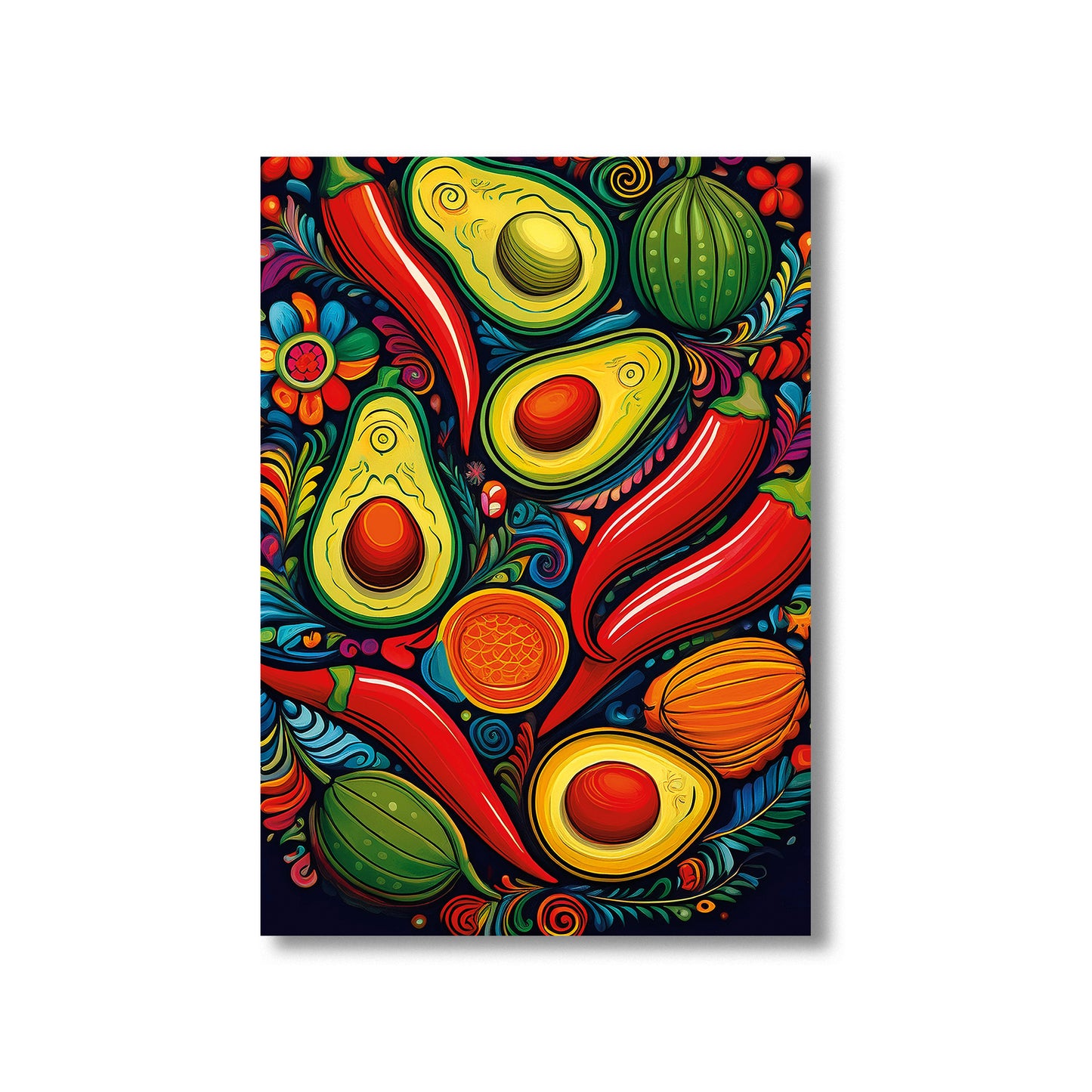 Colorful Mexican folk art style kitchen wall print with chili peppers and avocados