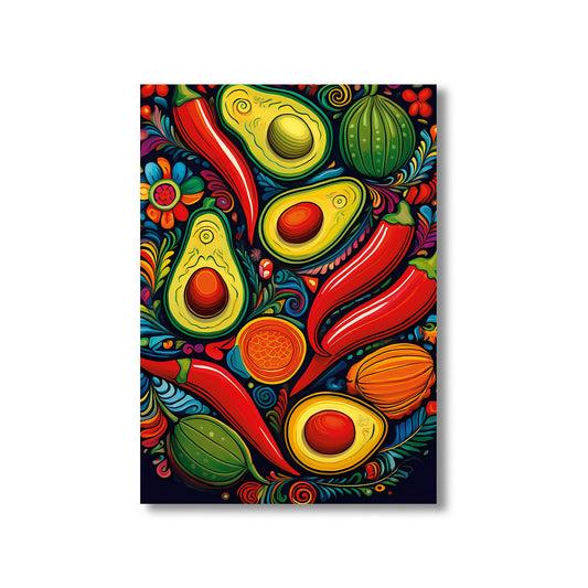 Colorful Mexican folk art style kitchen wall print with chili peppers and avocados