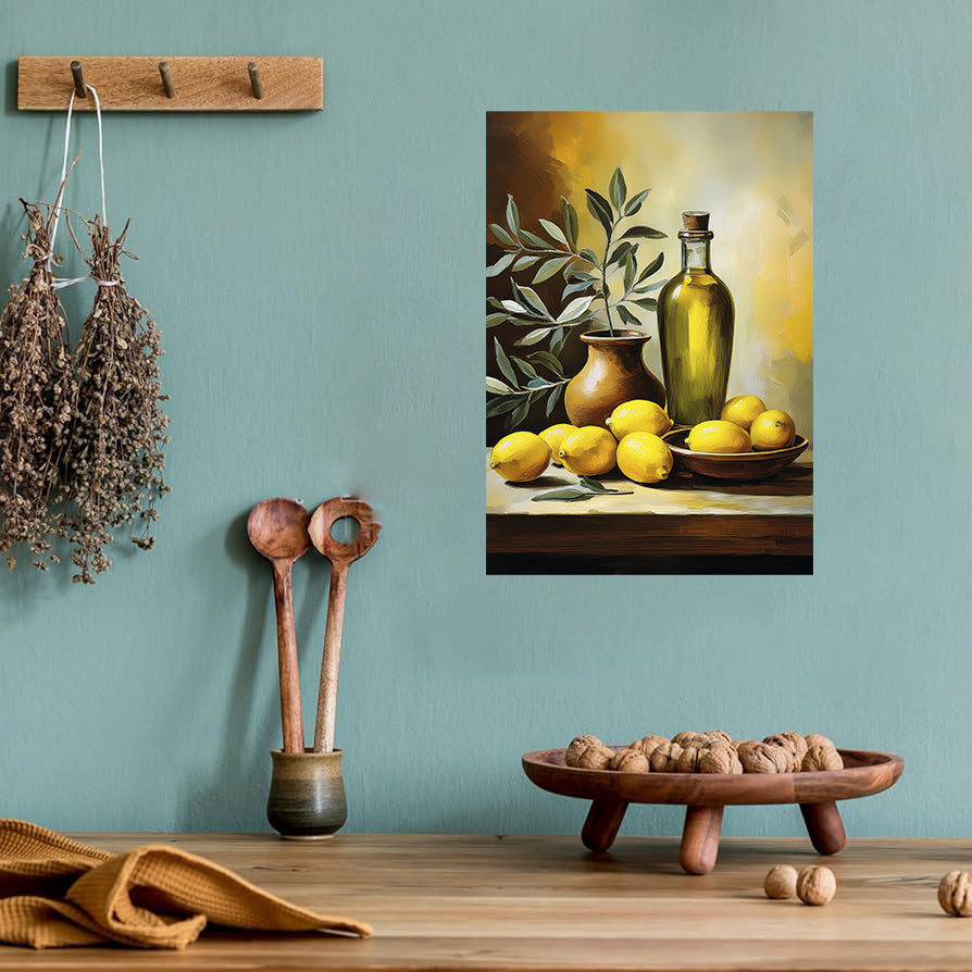 Mediterranean olive oil bottle and lemons still life printable wall art for rustic kitchen decor