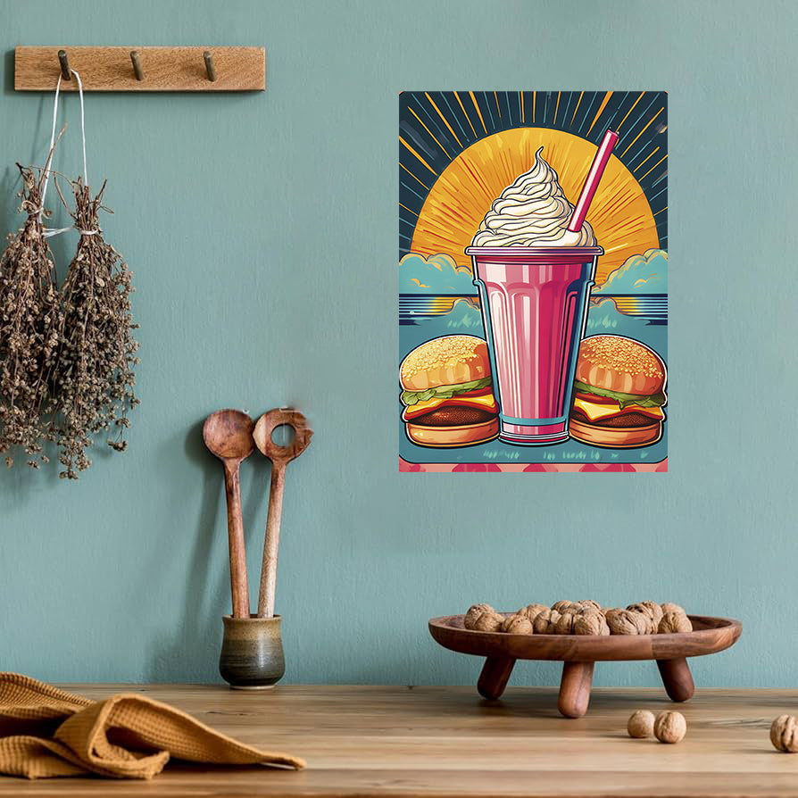 Retro 1950s diner poster printable with milkshakes and vintage typography for kitchen wall decor