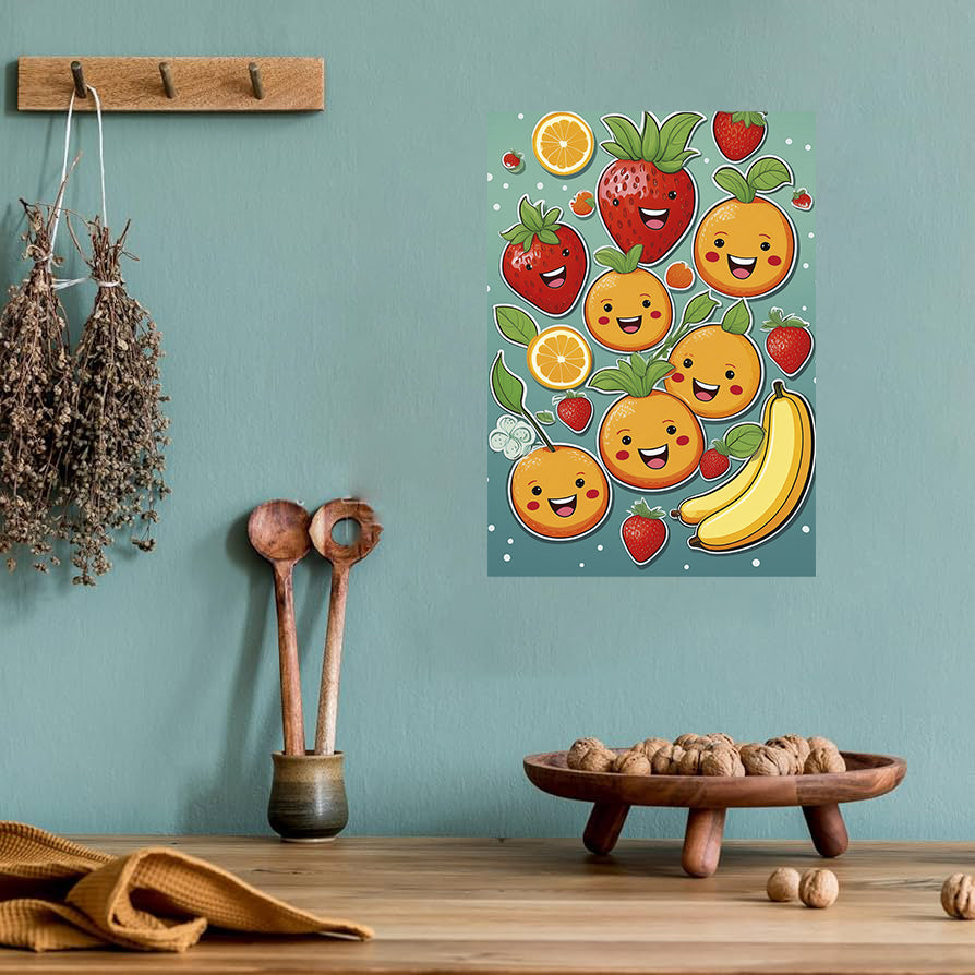 Playful colorful fruit illustrations with smiling faces printable wall art