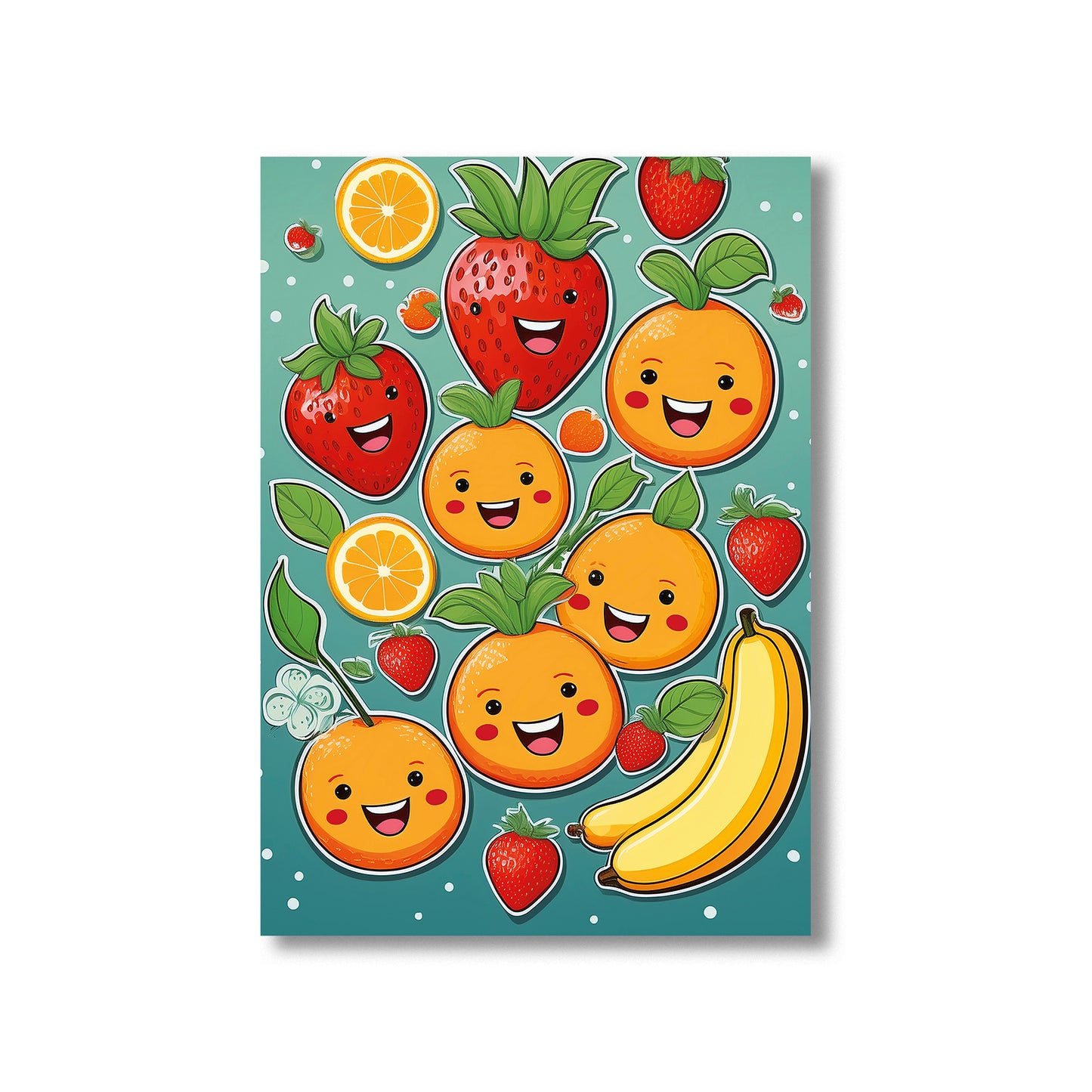 Playful colorful fruit illustrations with smiling faces printable wall art