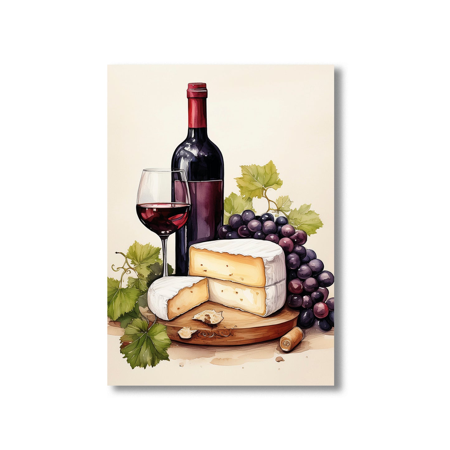 Watercolor wine and cheese printable wall art with grapes and brie for kitchen decor