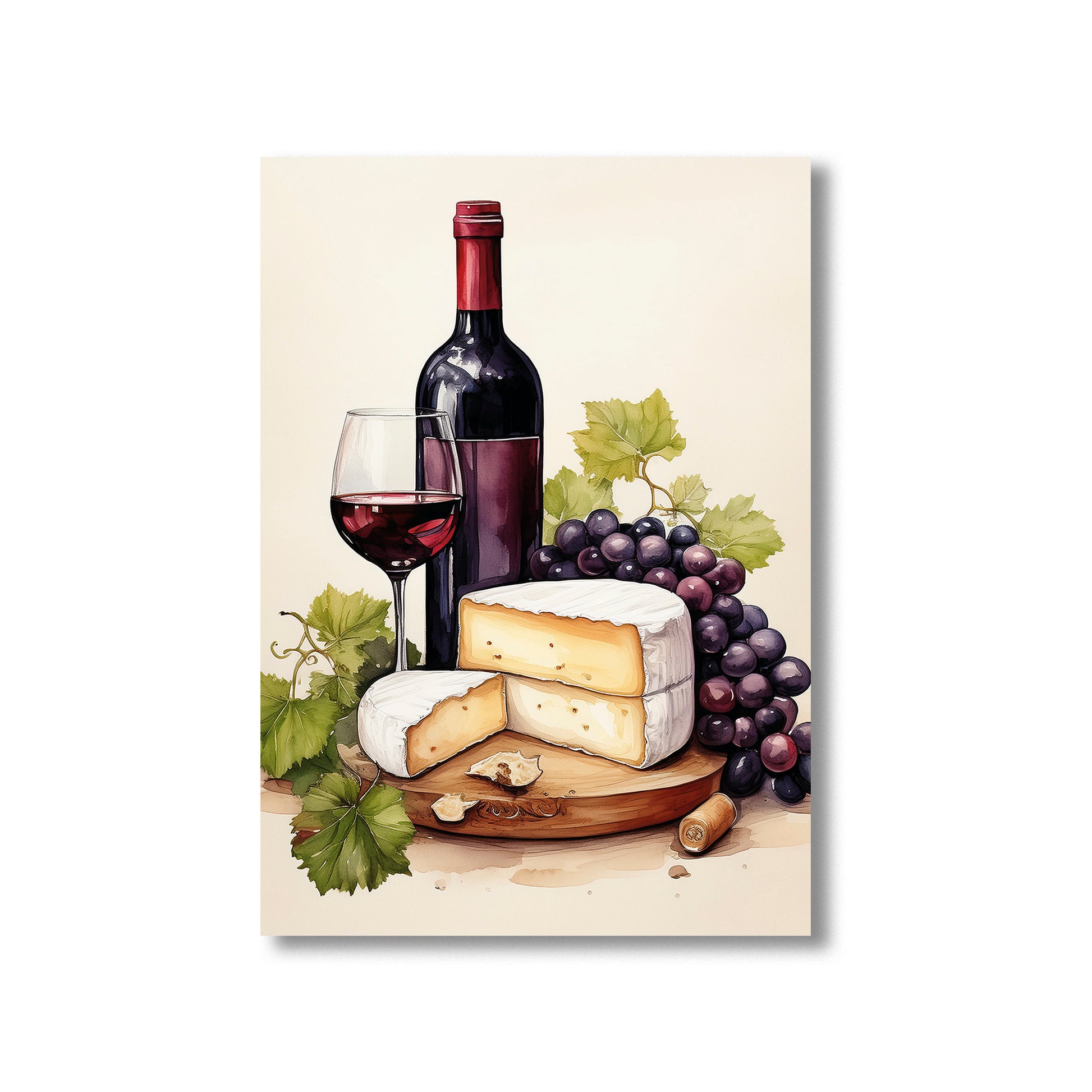 Watercolor wine and cheese printable wall art with grapes and brie for kitchen decor