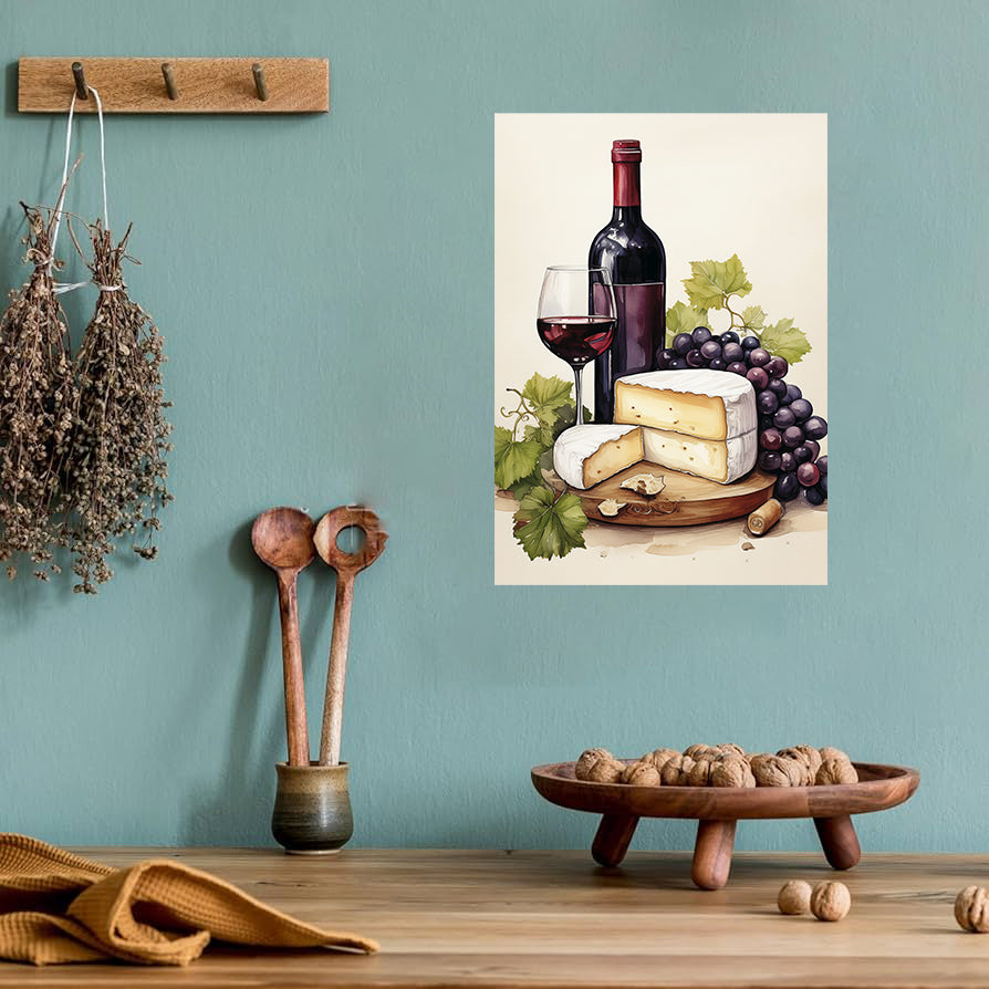 Watercolor wine and cheese printable wall art with grapes and brie for kitchen decor