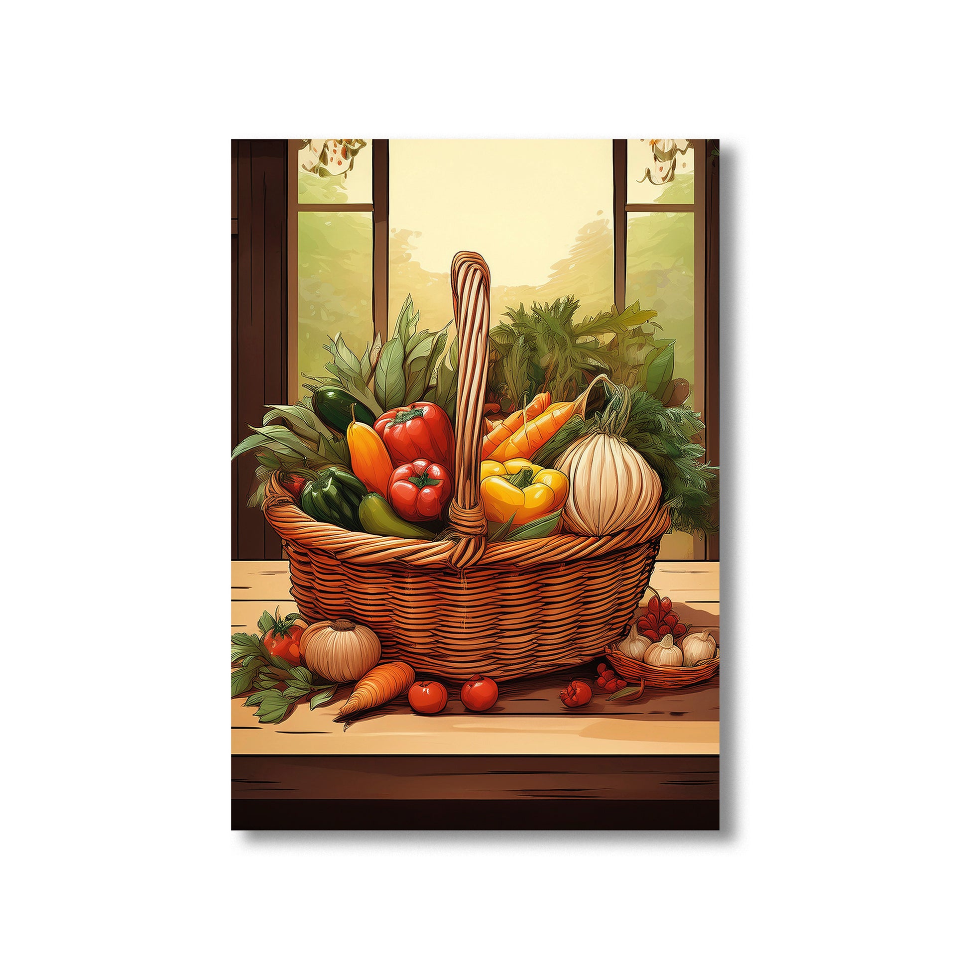 Rustic watercolor produce basket printable wall art for farmhouse kitchen decor
