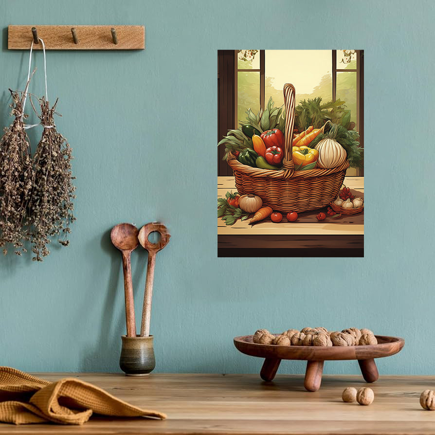 Rustic watercolor produce basket printable wall art for farmhouse kitchen decor