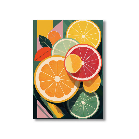 Geometric citrus fruit abstract printable wall art in yellow and orange tones