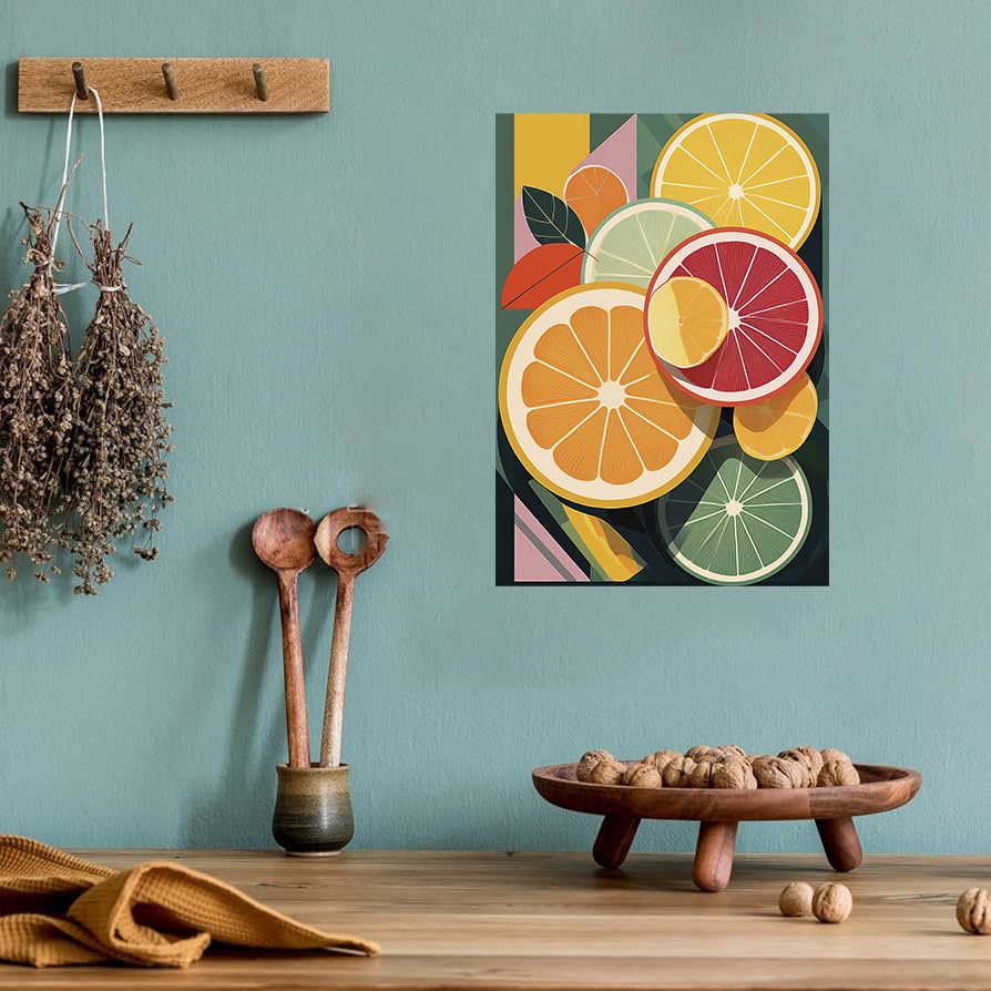 Geometric citrus fruit abstract printable wall art in yellow and orange tones